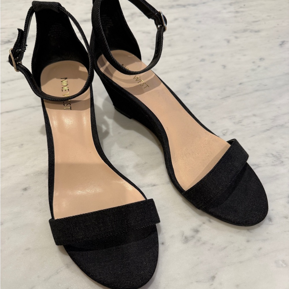 Nine West Black Denim Wedge Sandals